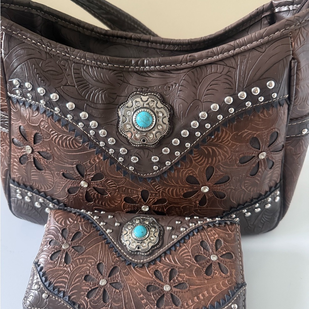 Brown Embossed Women's Bag with Turquoise Accent